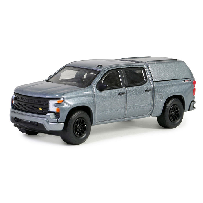 1/64 2023 Chevrolet Silverado 1500 Custom with Camper Shell, Sterling Gray, Blue Collar Series 13