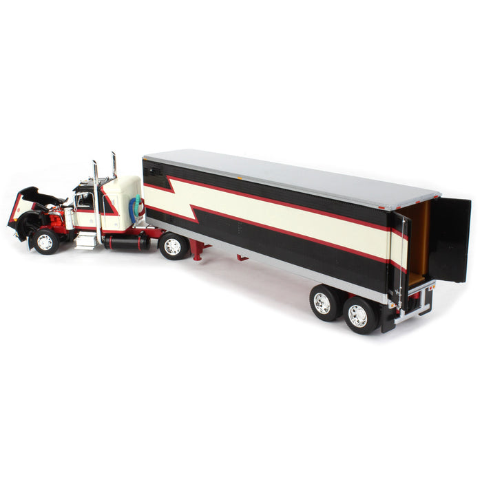 1/64 Black/Cream/Red Peterbilt 359 w/ 36in Flattop Sleeper & 40ft Vintage Trailer, DCP by First Gear