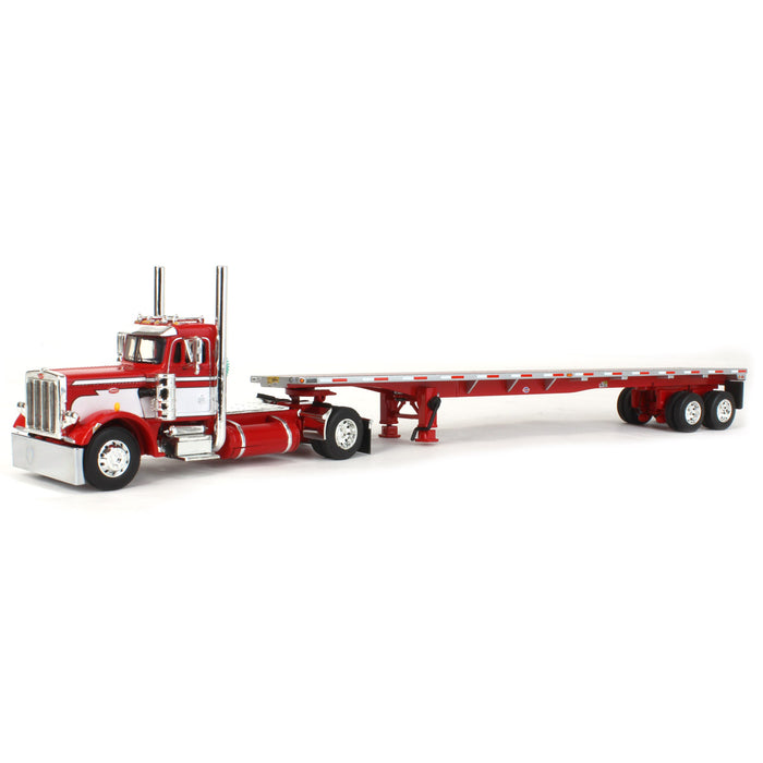 1/64 Red & White Peterbilt 359 Single-Axle Day Cab w/ 48ft Utility Flatbed Trailer, DCP by First Gear