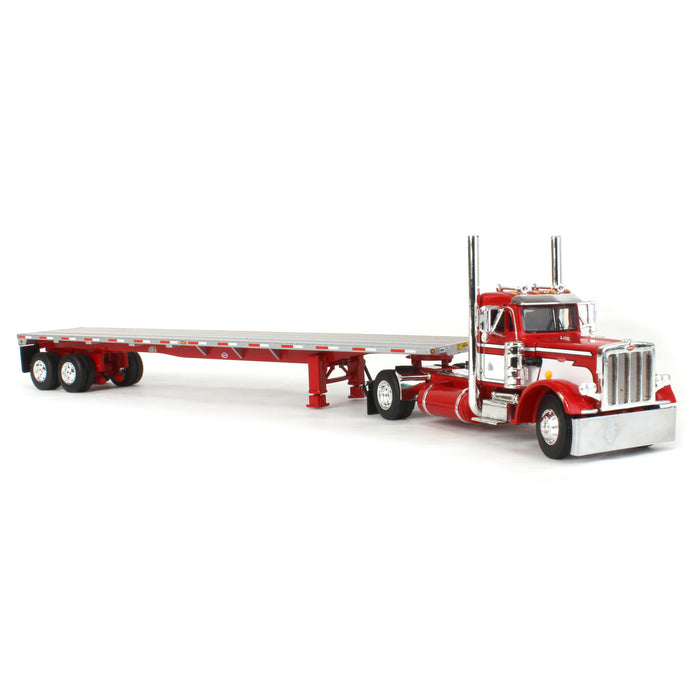 1/64 Red & White Peterbilt 359 Single-Axle Day Cab w/ 48ft Utility Flatbed Trailer, DCP by First Gear