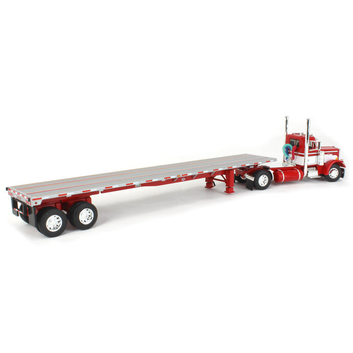 1/64 Red & White Peterbilt 359 Single-Axle Day Cab w/ 48ft Utility Flatbed Trailer, DCP by First Gear