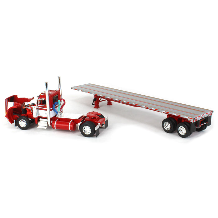 1/64 Red & White Peterbilt 359 Single-Axle Day Cab w/ 48ft Utility Flatbed Trailer, DCP by First Gear