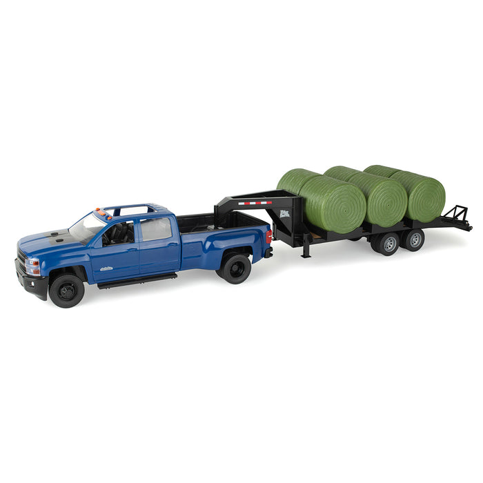 1/16 ERTL Big Farm Blue Chevrolet Pickup Truck with Trailer & 6 Round Bales