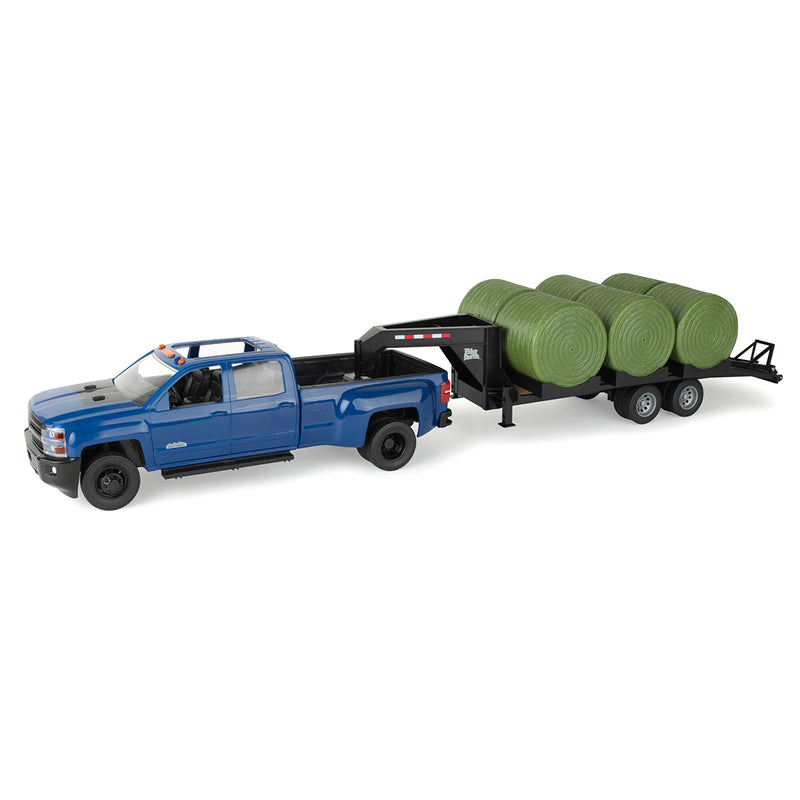 (B&D) 1/16 ERTL Big Farm Blue Chevrolet Pickup Truck with Trailer & 6 Round Bales - Damaged Item