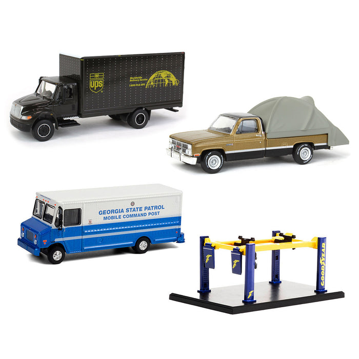 1/64 Greenlight Vehicle Set with Vans, Pickup Truck & Four Post Lift