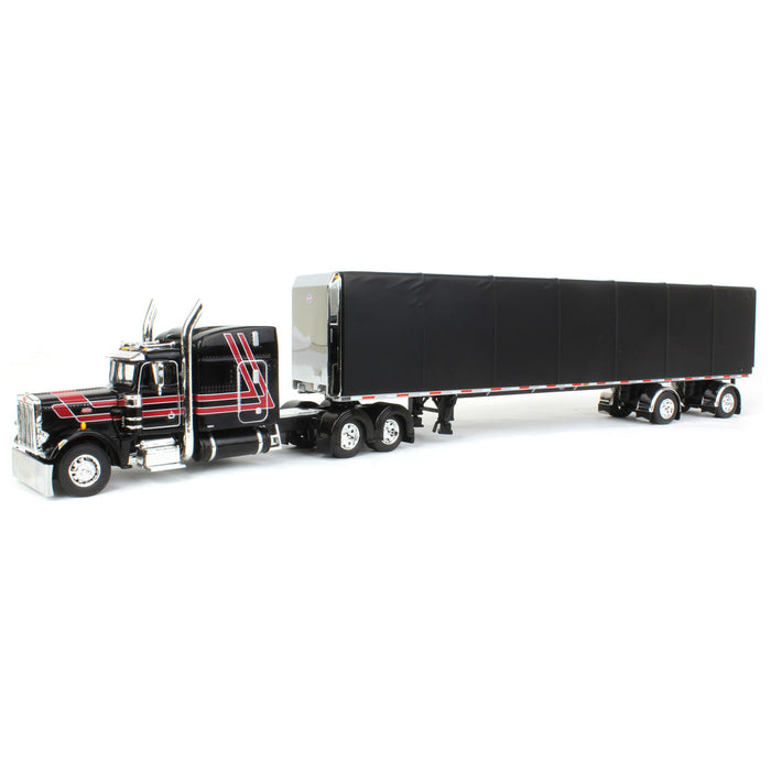 1/64 Black 7 Red Peterbilt 359 63in Mid Roof Sleeper with 53ft Utility Roll Tarp Trailer, DCP by First Gear
