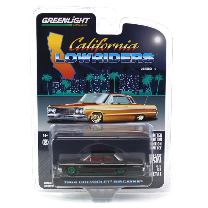 Green Machine ~ 1/64 1964 Chevrolet Biscayne, Black with Red Interior, California Lowriders Series 4