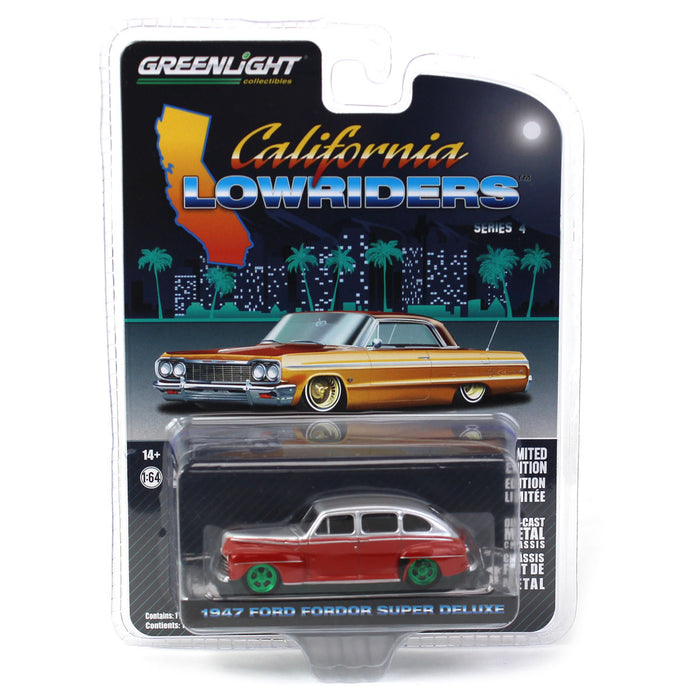 Green Machine ~ 1/64 1947 Ford Fordor Super Deluxe, Silver Metallic & Red Two-Tone, California Lowriders Series 4