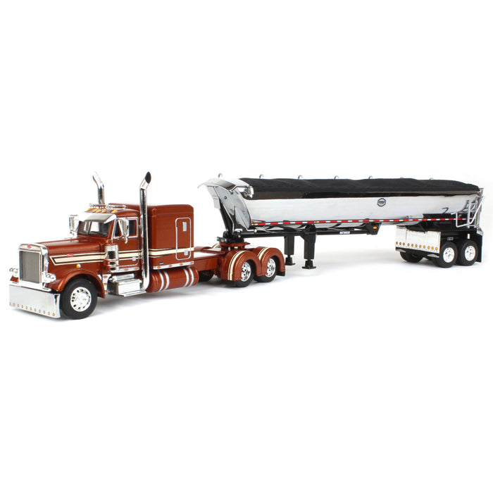 1/64 Burnt Orange Peterbilt 379 63in Flattop Sleeper w/ Chrome MAC Round Bottom Dump Trailer, DCP by First Gear