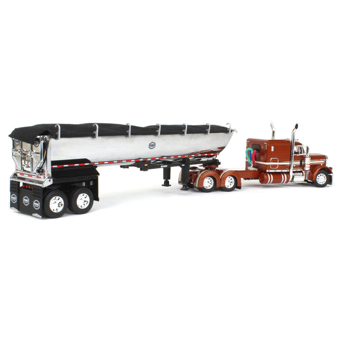 1/64 Burnt Orange Peterbilt 379 63in Flattop Sleeper w/ Chrome MAC Round Bottom Dump Trailer, DCP by First Gear