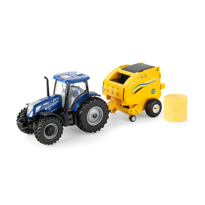 Chase Unit ~ 1/64 New Holland T6.180 w/ Roll-Belt 560 Round Baler & 6 Bales, 50 Years Round Baling, 2024 Farm Show