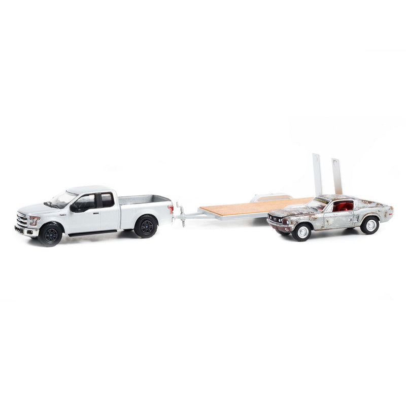 1/64 2015 Ford F-150 Pickup Truck with Unrestored 1968 Ford Mustang GT & Flatbed Trailer, GreenLight Pawn Stars