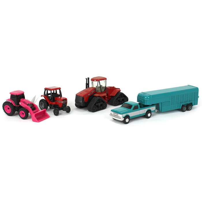 Lot of 1/64 (3) Case Tractors and (1) Pick-up Truck with Associated Livestock Trailer