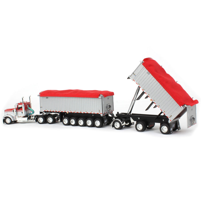 1/64 Viper Red/Silver Kenworth W900L with 31ft & 20ft End Dump Trailers, DCP by First Gear