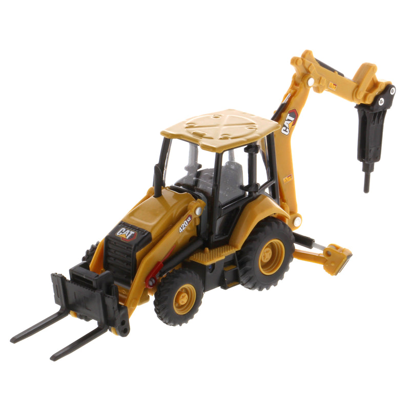 1/64 Caterpillar 420 XE Backhoe Loader with Auger, Forks, Handling Arm & Hammer by Diecast Masters