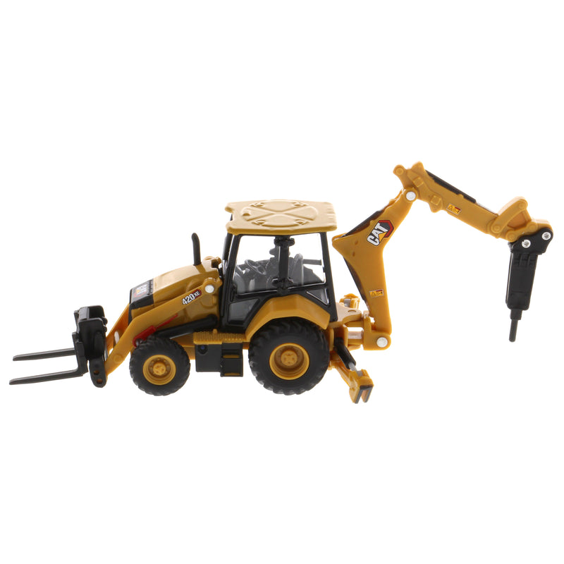 1/64 Caterpillar 420 XE Backhoe Loader with Auger, Forks, Handling Arm & Hammer by Diecast Masters