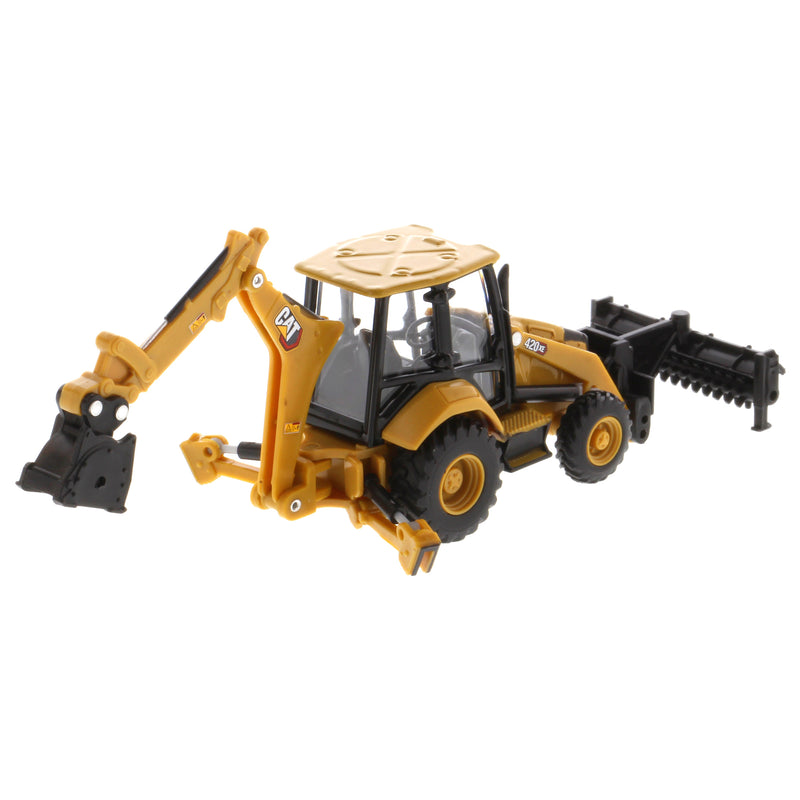 1/64 Caterpillar 420 XE Backhoe Loader with Auger, Forks, Handling Arm & Hammer by Diecast Masters