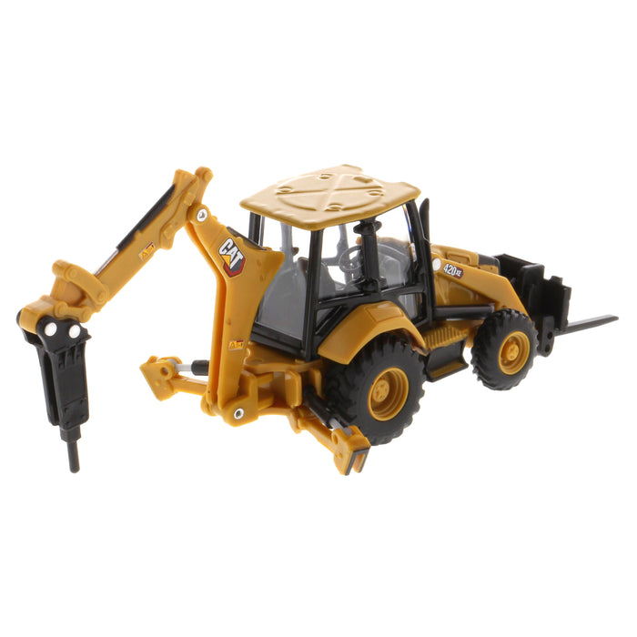 1/64 Caterpillar 420 XE Backhoe Loader with Auger, Forks, Handling Arm & Hammer