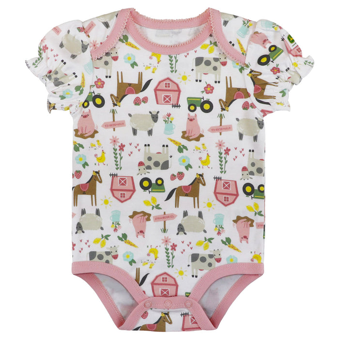 Infant John Deere White & Pink Farm Elements Short Sleeve Onesy