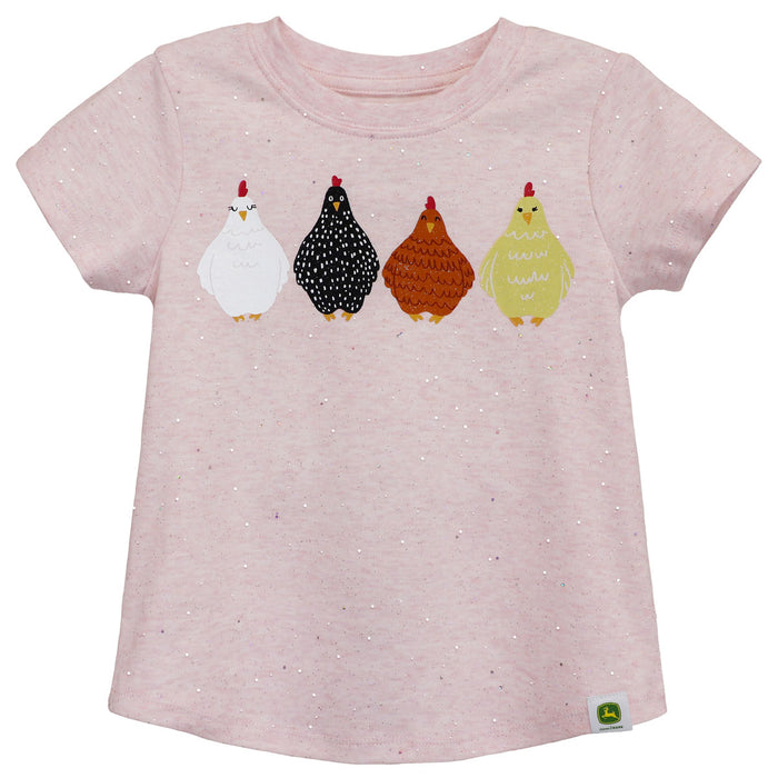Childrens John Deere Soft Pink Glitter Coming & Going Chickens Short Sleeve T-Shirt
