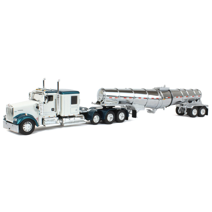 1/64 White & Teal Kenworth W900L w/ Chrome Polar Tandem-Axle Deep Drop Tank Trailer, DCP by First Gear