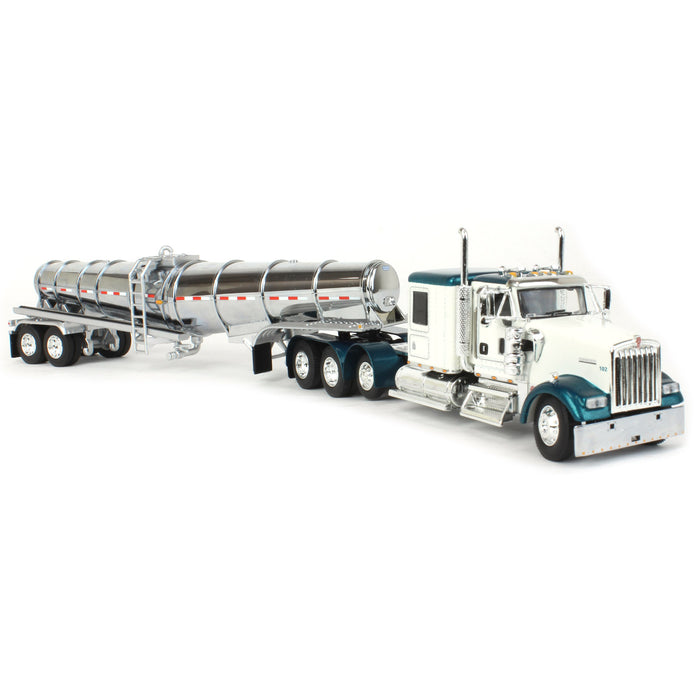 1/64 White & Teal Kenworth W900L w/ Chrome Polar Tandem-Axle Deep Drop Tank Trailer, DCP by First Gear