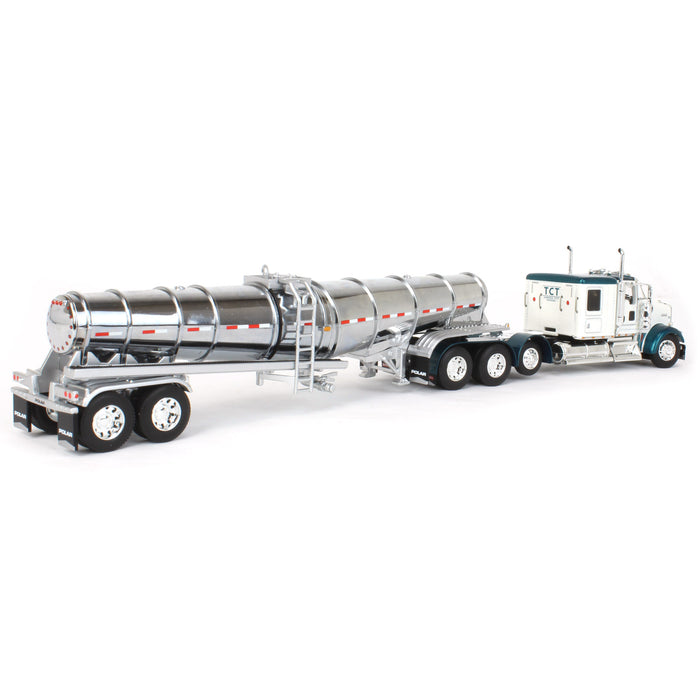 1/64 White & Teal Kenworth W900L w/ Chrome Polar Tandem-Axle Deep Drop Tank Trailer, DCP by First Gear