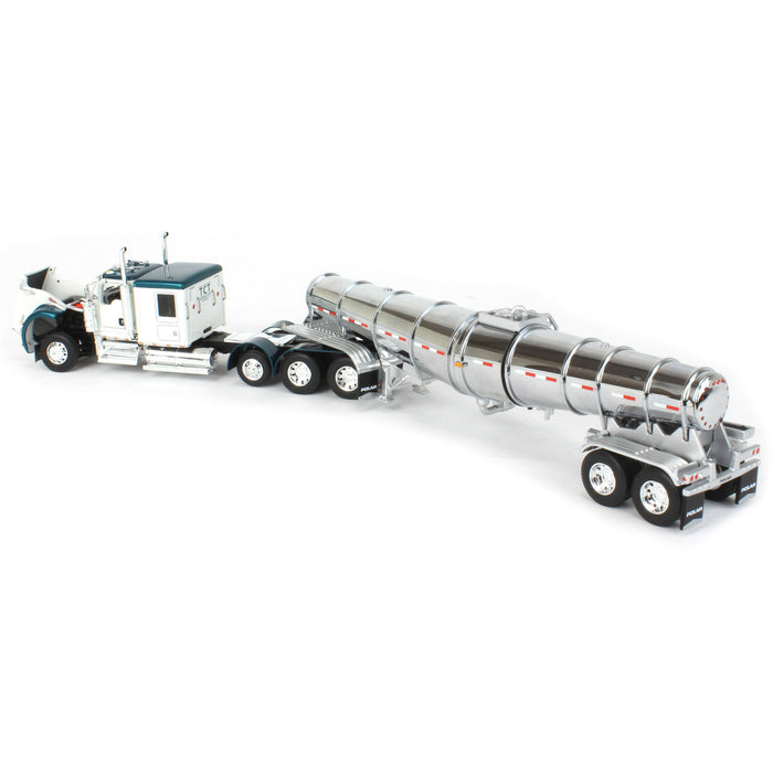 1/64 White & Teal Kenworth W900L w/ Chrome Polar Tandem-Axle Deep Drop Tank Trailer, DCP by First Gear