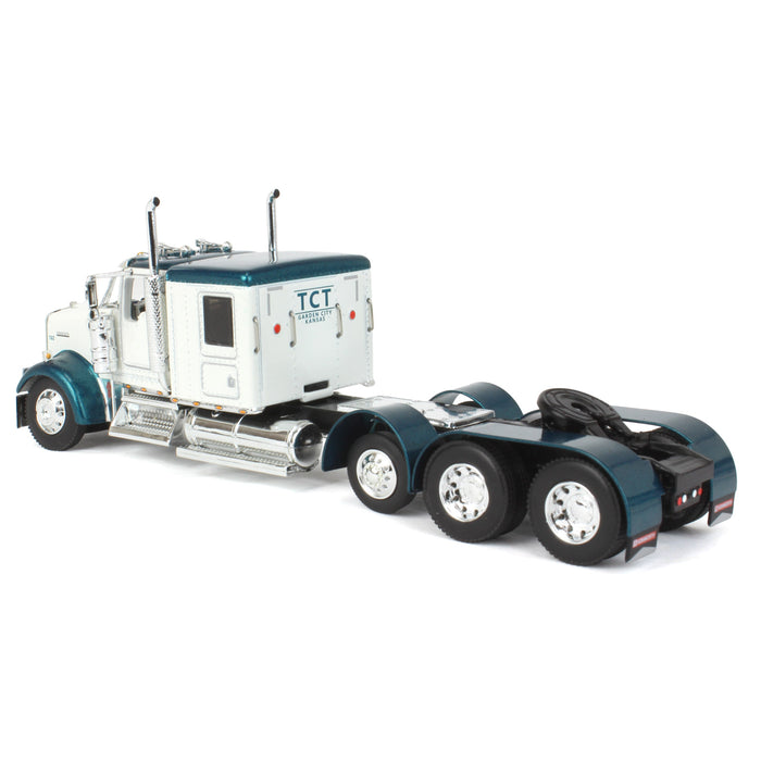 1/64 White & Teal Kenworth W900L w/ Chrome Polar Tandem-Axle Deep Drop Tank Trailer, DCP by First Gear