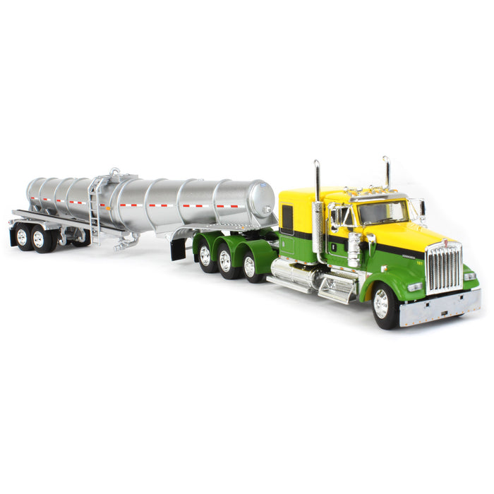 1/64 Yellow & Green Kenworth W900L w/ Silver Chrome Polar Tandem-Axle Deep Drop Tank Trailer, DCP by First Gear