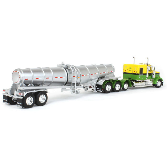 1/64 Yellow & Green Kenworth W900L w/ Silver Chrome Polar Tandem-Axle Deep Drop Tank Trailer, DCP by First Gear