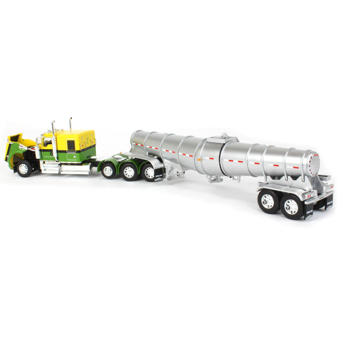 1/64 Yellow & Green Kenworth W900L w/ Silver Chrome Polar Tandem-Axle Deep Drop Tank Trailer, DCP by First Gear