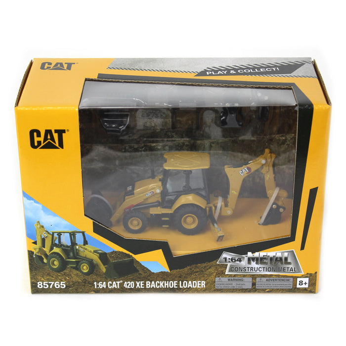 1/64 Caterpillar 420 XE Backhoe Loader with Auger, Forks, Handling Arm & Hammer