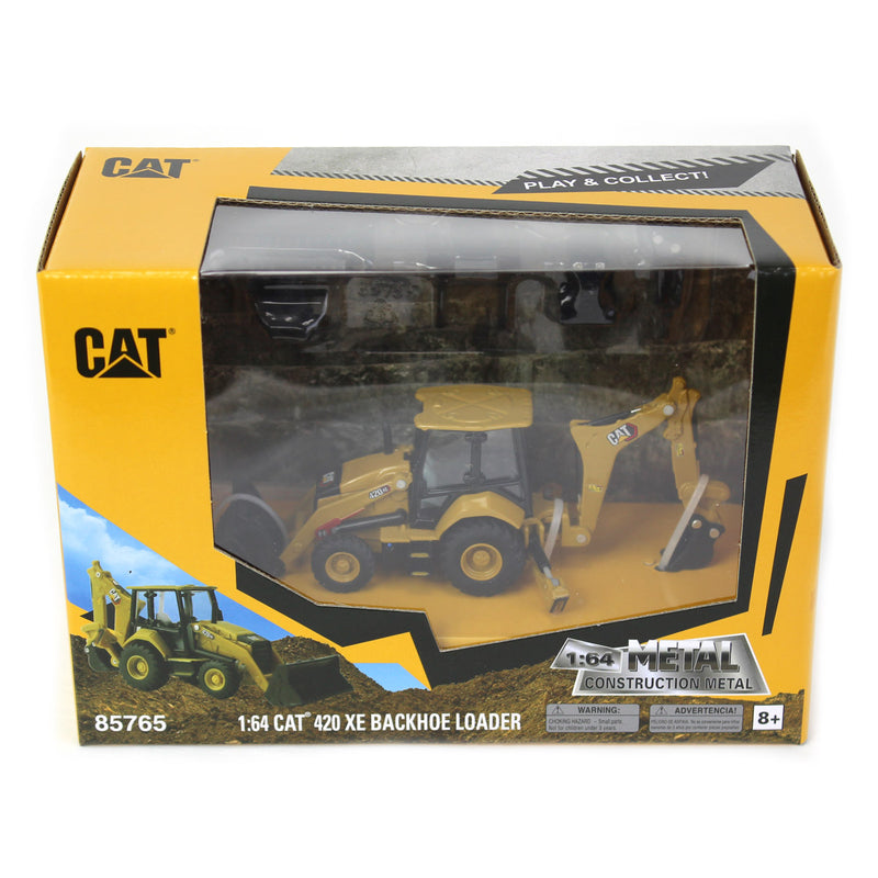 1/64 Caterpillar 420 XE Backhoe Loader with Auger, Forks, Handling Arm & Hammer by Diecast Masters