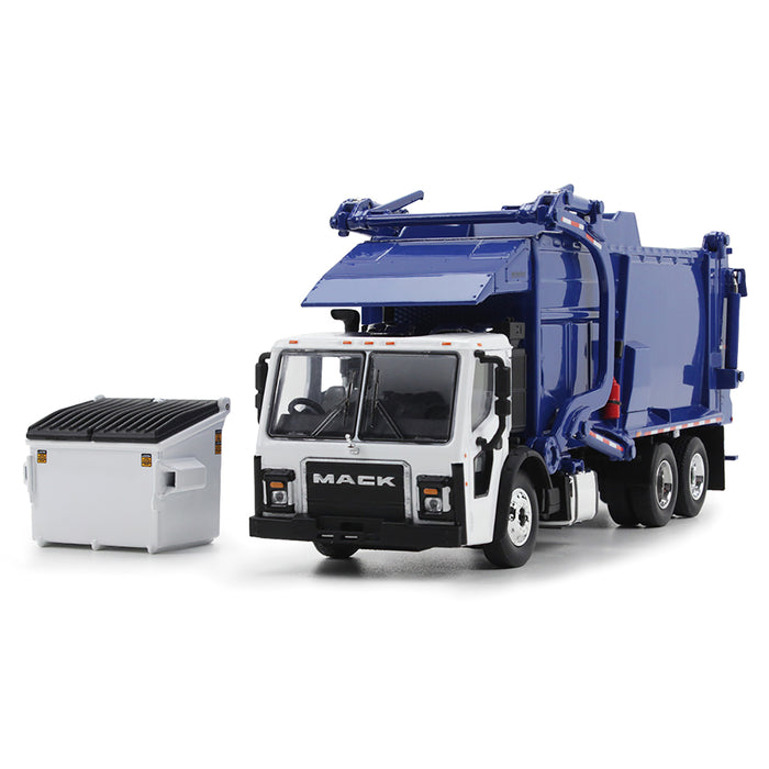 1/64 White & Blue Mack LR w/ McNeilus Meridian FEL Refuse Body & Refuse Bin, DCP by First Gear