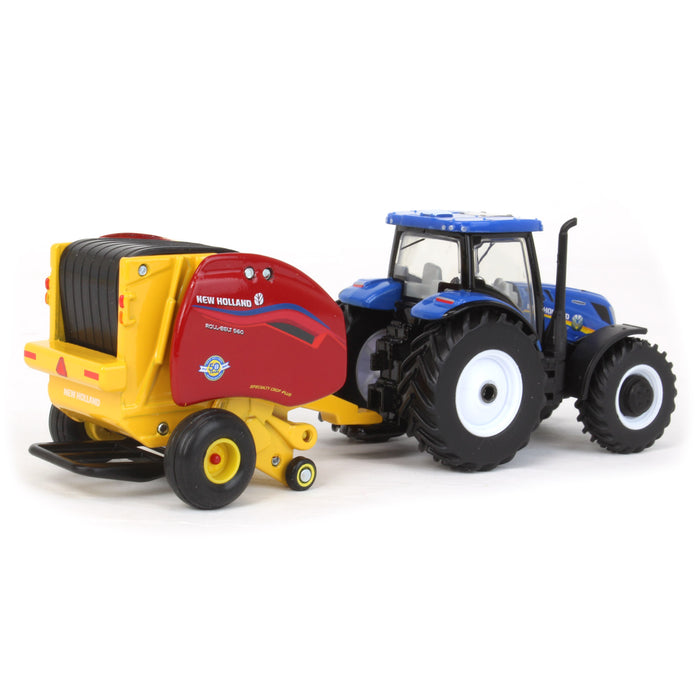 1/64 New Holland T6.180 w/ Roll-Belt 560 Round Baler & 6 Bales, 50 Years Round Baling, 2024 Farm Show