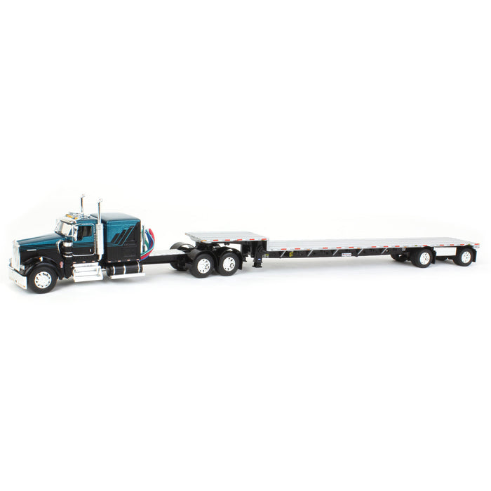 1/64 Black & Teal Kenworth W900L Long Frame with Transcraft Stepdeck Trailer, DCP by First Gear