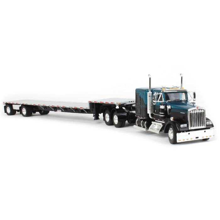 1/64 Black & Teal Kenworth W900L Long Frame with Transcraft Stepdeck Trailer, DCP by First Gear