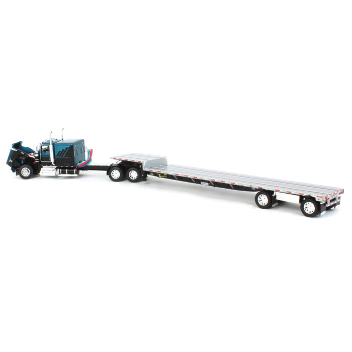 1/64 Black & Teal Kenworth W900L Long Frame with Transcraft Stepdeck Trailer, DCP by First Gear