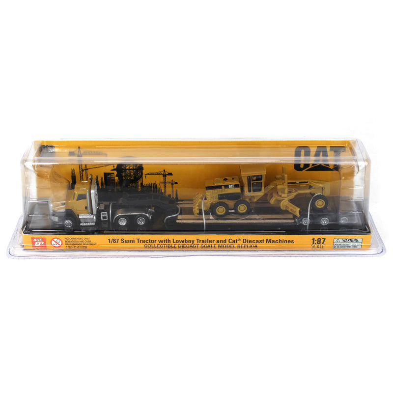 1/87 Caterpillar CT660 Day Cab with Lowboy Trailer & 163H Motor Grader by Diecast Masters