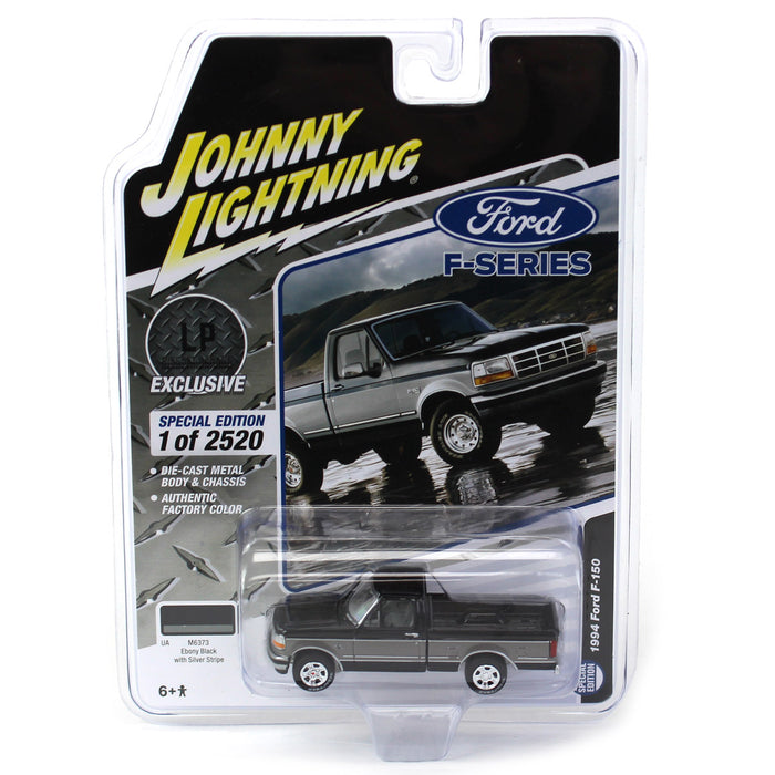 1/64 1994 Ford F-150, Ebony Black with Silver Stripe, LP Diecast Garage Exclusive by Johnny Lightning