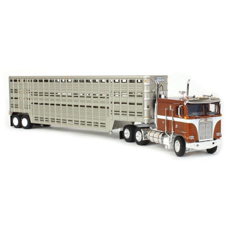 1/64 Brown Kenworth K100 COE Flattop with 45ft Wilson Vintage Livestock Trailer, DCP by First Gear