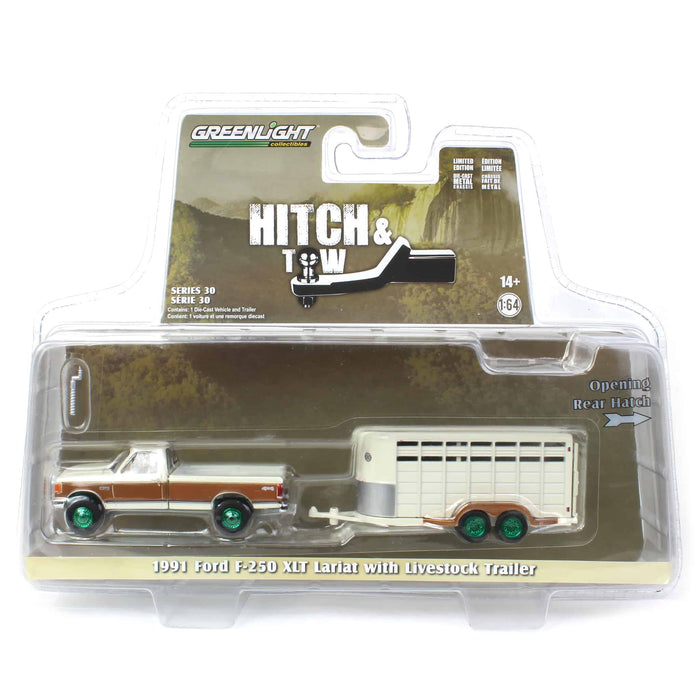 Green Machine ~ 1/64 1991 Ford F-250 XLT Lariat with Livestock Trailer, Hitch & Tow Series 30