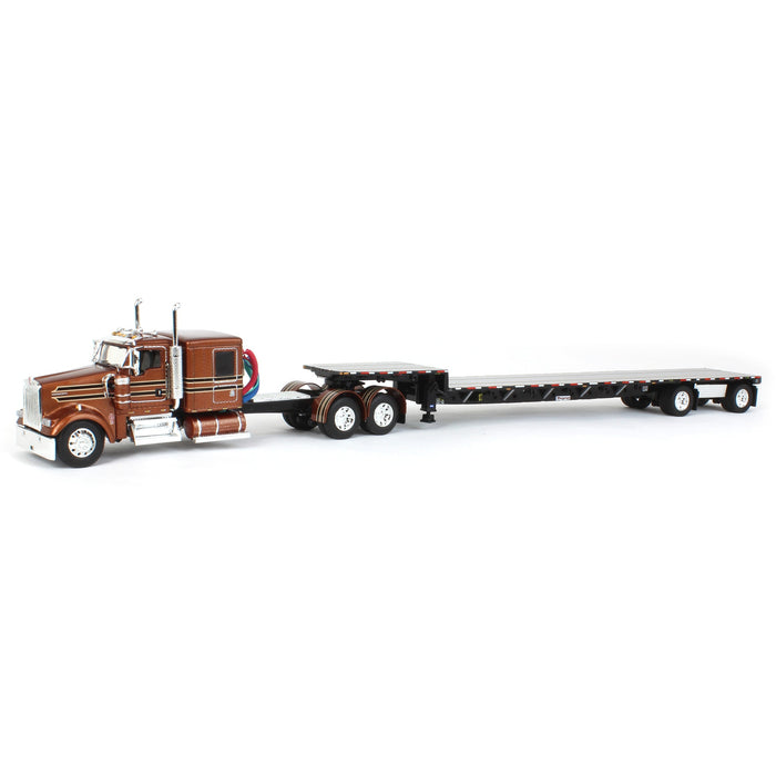 1/64 Bronze Kenworth W900L Flattop w/ 310in Frame & Transcraft Step Deck Trailer, DCP by First Gear