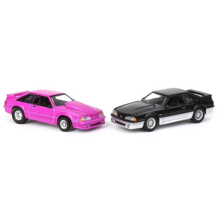 1/64 Twin Pack 1988 Ford Mustang GT Stock & Modified Set, Black/Silver & Pink, LP Diecast Project Garage