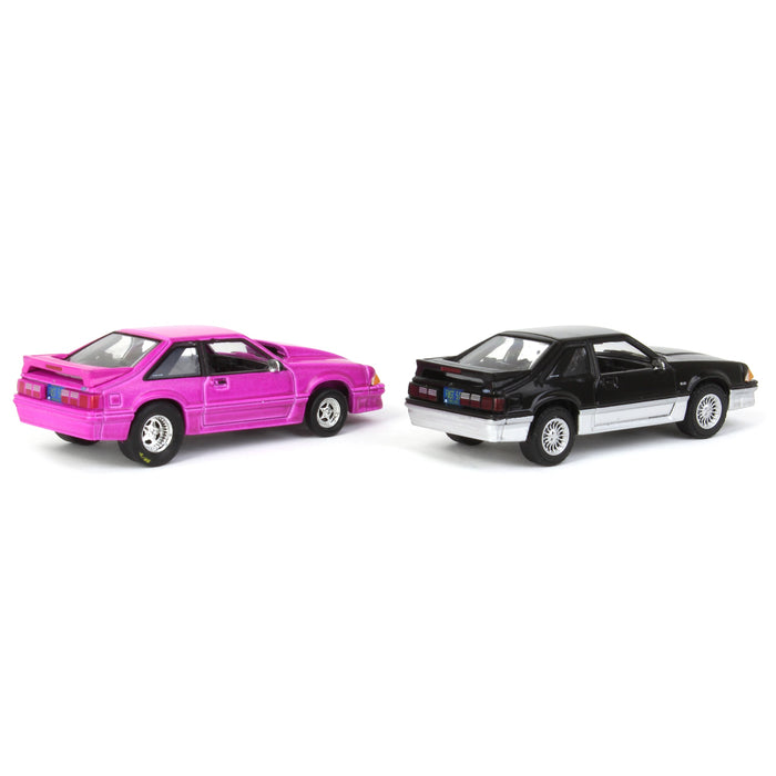 1/64 Twin Pack 1988 Ford Mustang GT Stock & Modified Set, Black/Silver & Pink, LP Diecast Project Garage