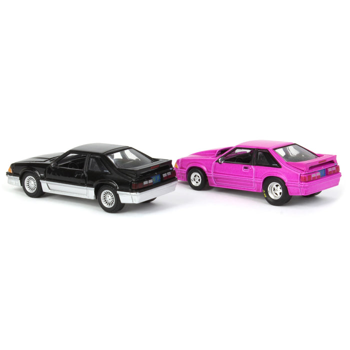 1/64 Twin Pack 1988 Ford Mustang GT Stock & Modified Set, Black/Silver & Pink, LP Diecast Project Garage