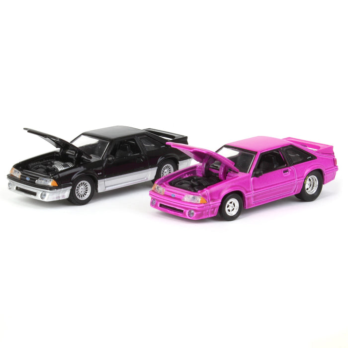 1/64 Twin Pack 1988 Ford Mustang GT Stock & Modified Set, Black/Silver & Pink, LP Diecast Project Garage