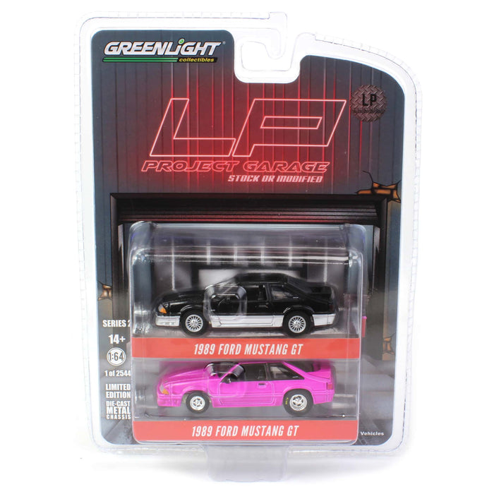 1/64 Twin Pack 1988 Ford Mustang GT Stock & Modified Set, Black/Silver & Pink, LP Diecast Project Garage