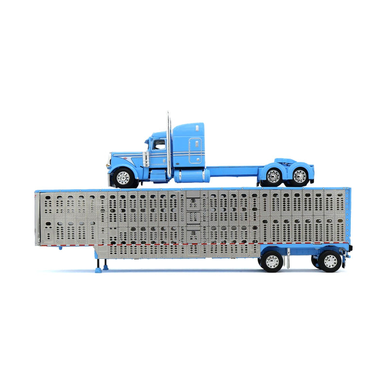 1/64 Baby Blue Peterbilt 389 with Silver Wilson Silverstar Livestock Trailer, DCP by First Gear